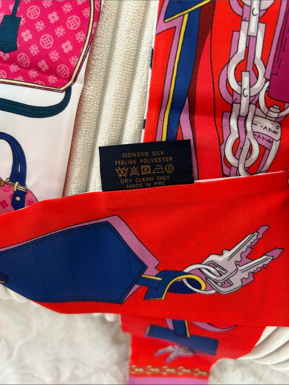 Silk Feeling Double Sided Scarf or Twilly – Red & Pink Multi-Color Accents - Picture 2 of 3
